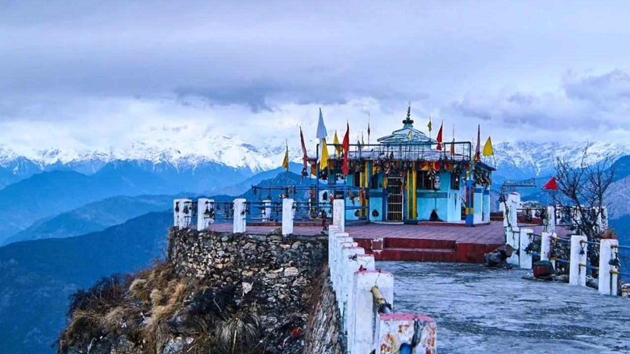 A breathtaking view of Kartik Temple Uttarakhand surrounded by Himalayan peaks